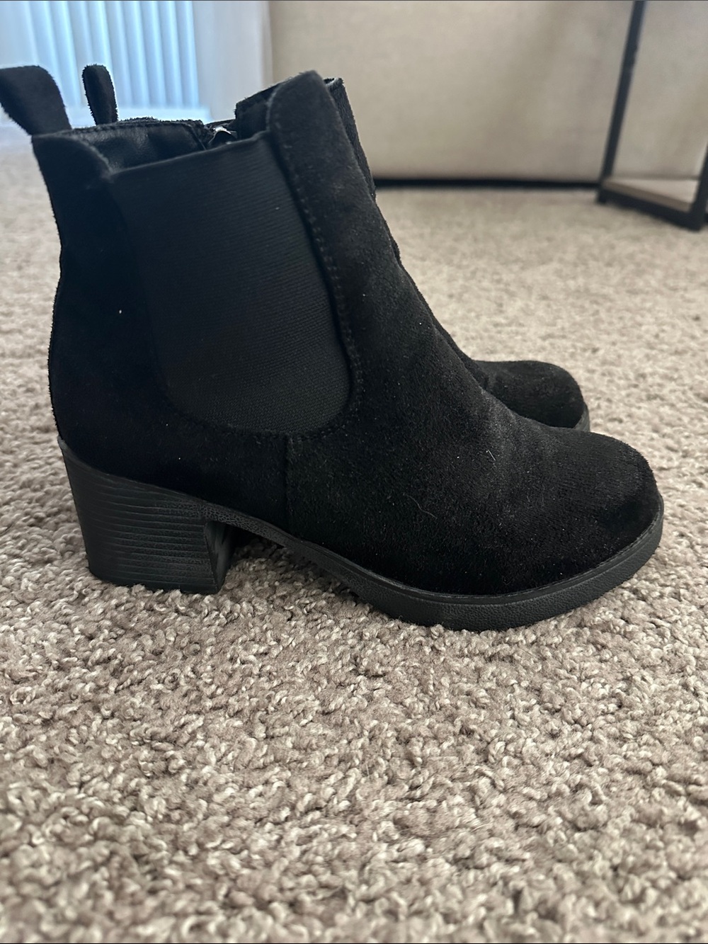 Black Suede Chelsea Ankle Boots with Low Block Heel